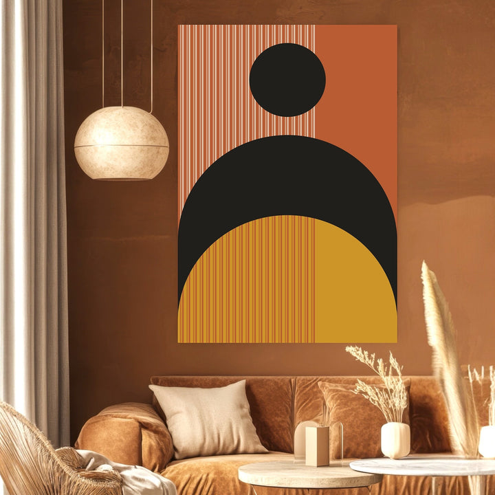 Wadi Home abstract geometric wall art print with terracotta, black, and mustard circles in a modern living room.