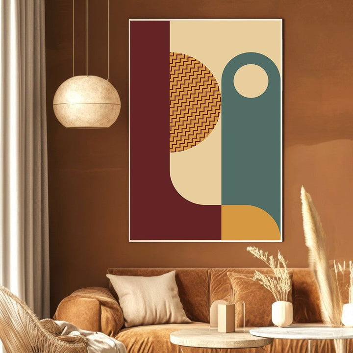 Wadi Home abstract geometric wall art print with burgundy, teal, and mustard shapes on a cream background.
