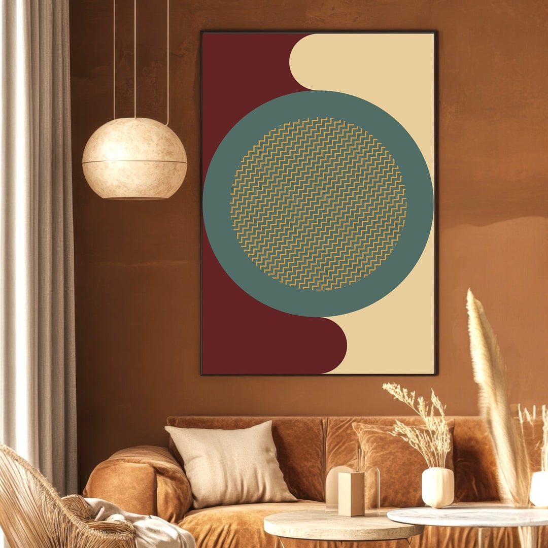 Wadi Home abstract geometric wall art print featuring a burgundy, teal, and cream circle with gold zigzag patterns.