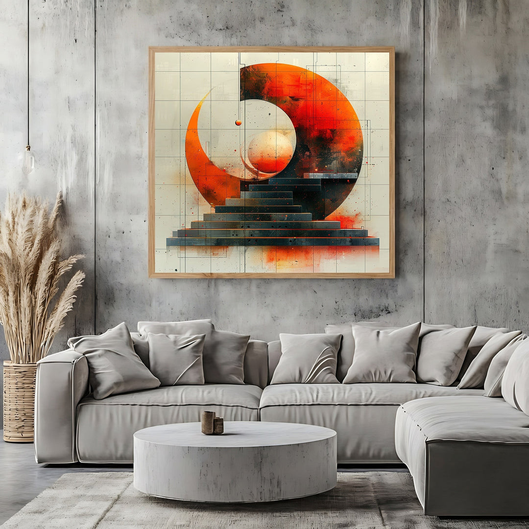 Wadi Home abstract geometric wall art print with orange and charcoal staircase design in a modern living room.