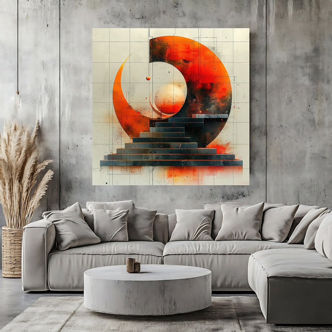 Wadi Home abstract geometric wall art print featuring a fiery orange circle and staircase motif above a modern sofa.