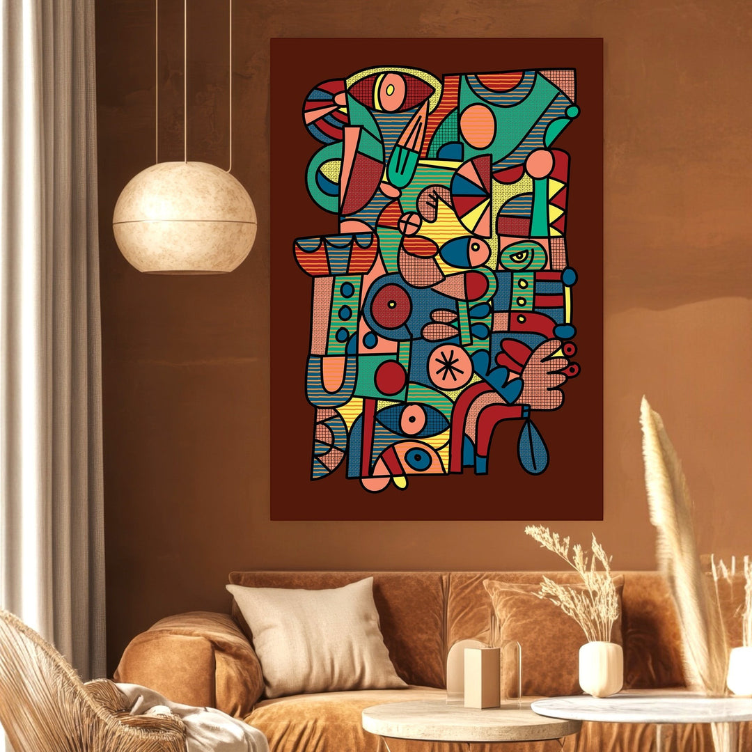 Wadi Home abstract geometric wall art print with vibrant shapes and patterns on a deep brown background in a modern room