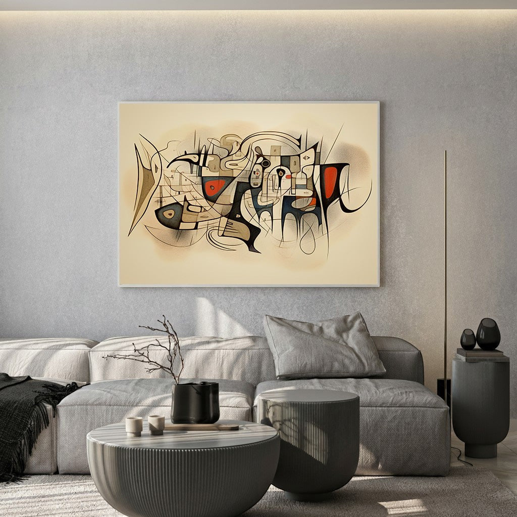 Wadi Home abstract geometric wall art with cream, black, and red accents hanging above a modern grey sofa.