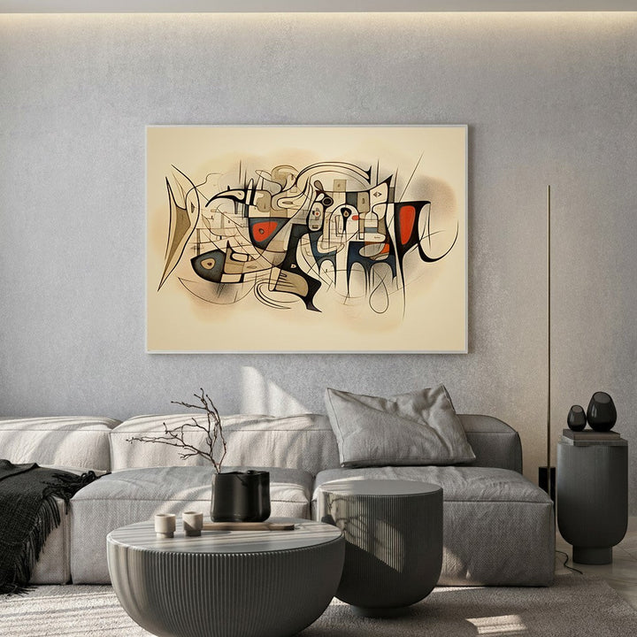 Wadi Home abstract geometric wall art with cream, black, and red accents hanging above a modern grey sofa.