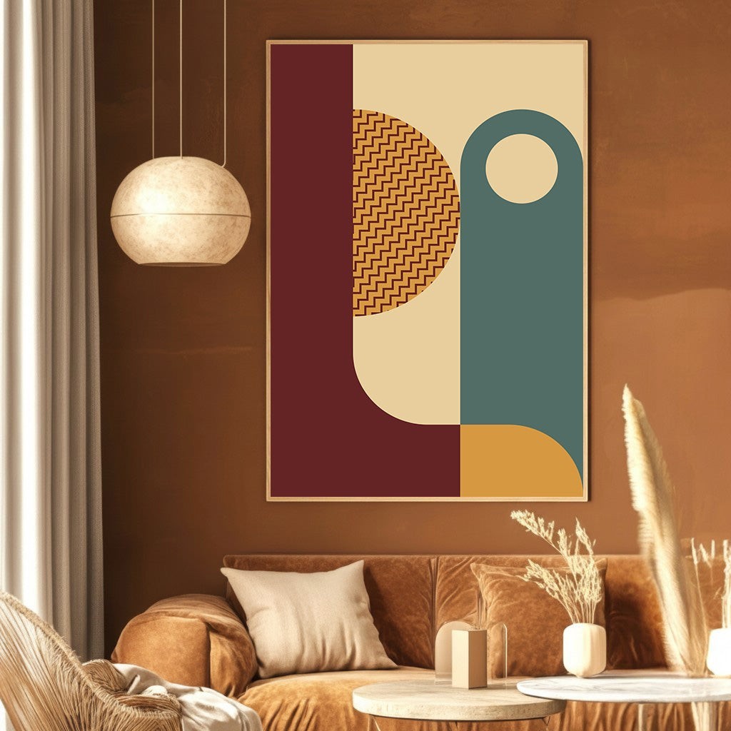 Wadi Home abstract geometric wall art print with burgundy, teal, and mustard shapes in a modern living room setting.
