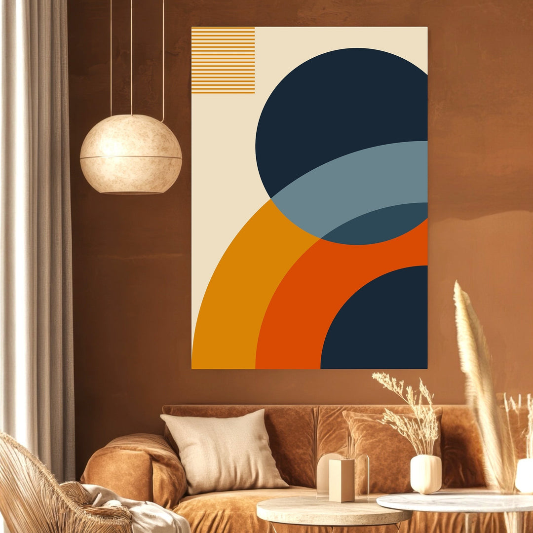 Wadi Home abstract geometric wall art print with navy, terracotta, and blue circles on a cream background in a lounge.