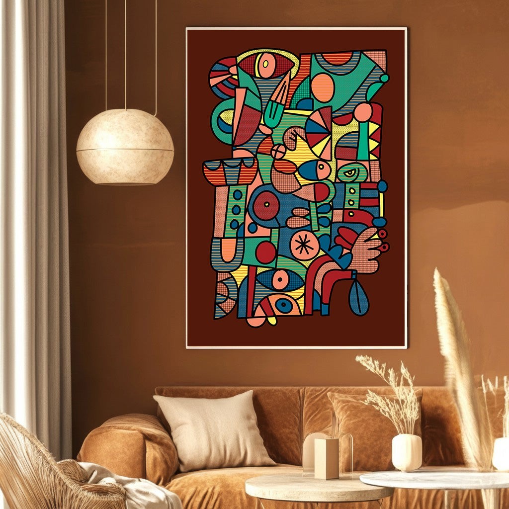 Wadi Home abstract geometric wall art print with vibrant shapes on a deep brown background in a modern living room.