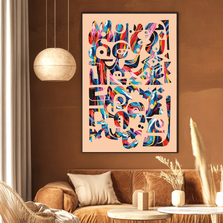 Wadi Home abstract geometric wall art print with vibrant blue, red, and yellow shapes hanging in a modern living room.
