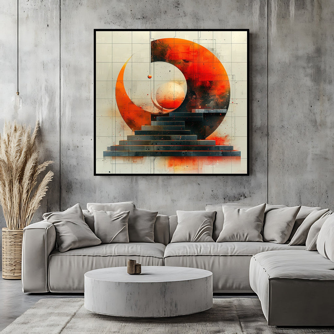 Wadi Home abstract geometric wall art print with orange celestial circle and staircase motif in a modern living room