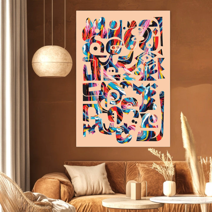 Wadi Home abstract geometric wall art print with vibrant blue, red, and yellow fluid shapes on a neutral background.