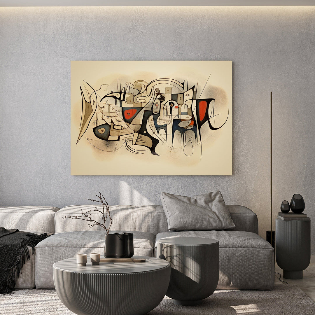 Wadi Home abstract geometric wall art print with cream, black, and red accents displayed above a modern grey sofa.