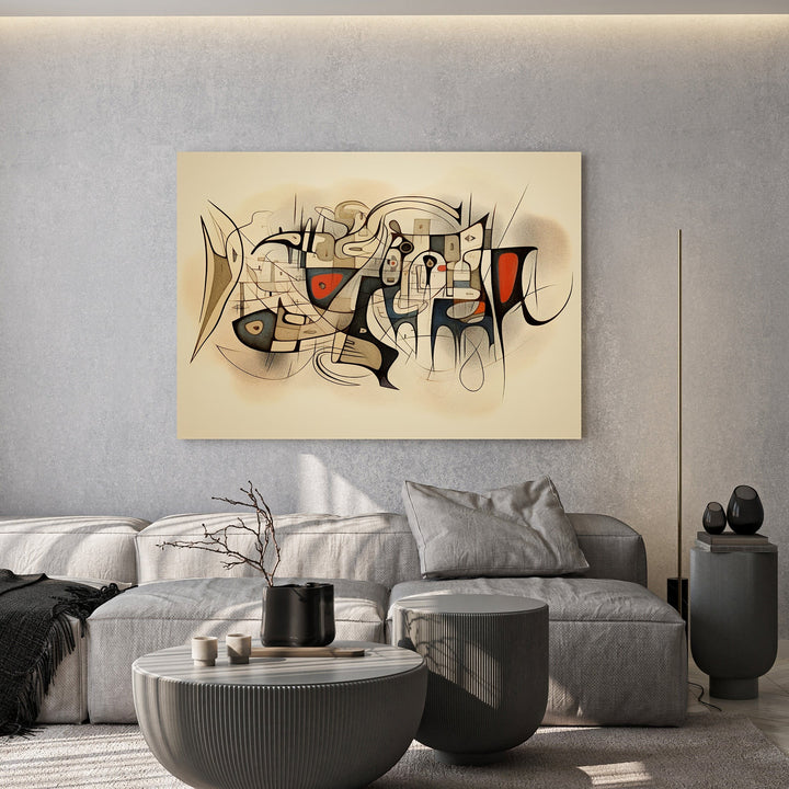 Wadi Home abstract geometric wall art print with cream, black, and red accents displayed above a modern grey sofa.