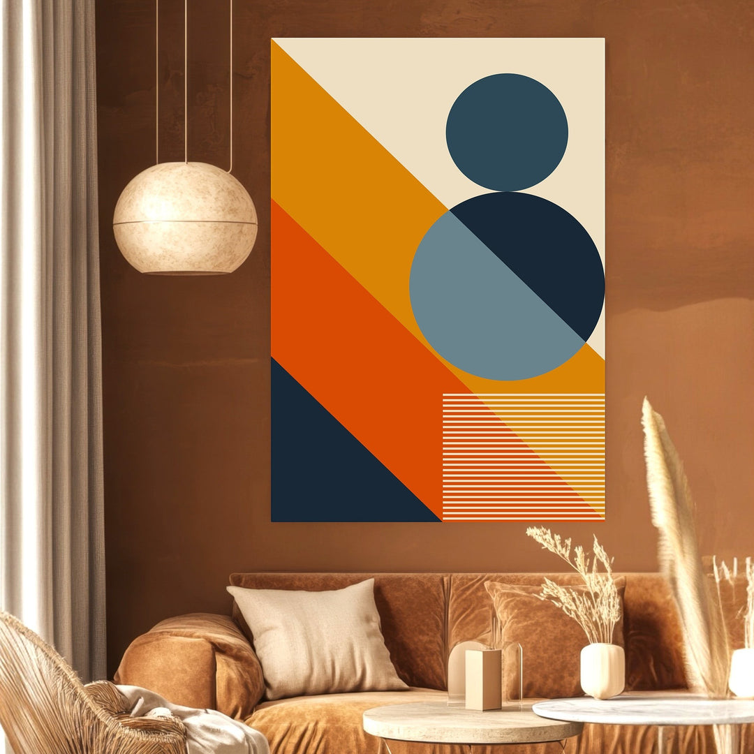Wadi Home abstract geometric wall art print featuring navy, burnt orange, and yellow circles and stripes in a living room