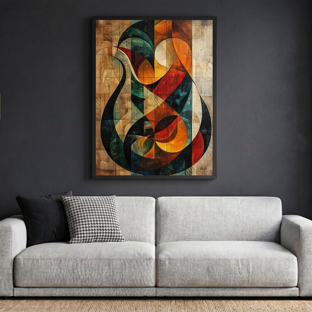 Wadi Home abstract geometric wood panel wall art featuring red, orange, and teal tones above a modern grey sofa.