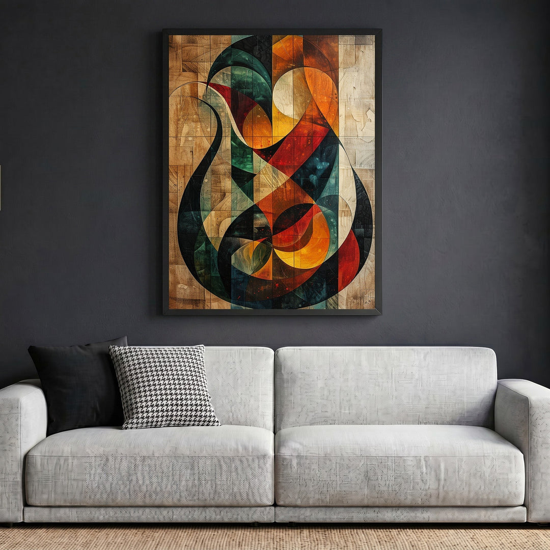 Wadi Home abstract geometric wood panel wall art featuring red, orange, and teal tones above a modern grey sofa.