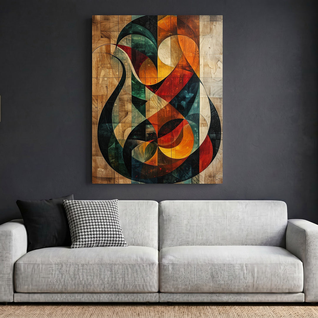 Wadi Home abstract geometric wood panel wall art with red, orange, and teal tones hanging above a modern sofa.