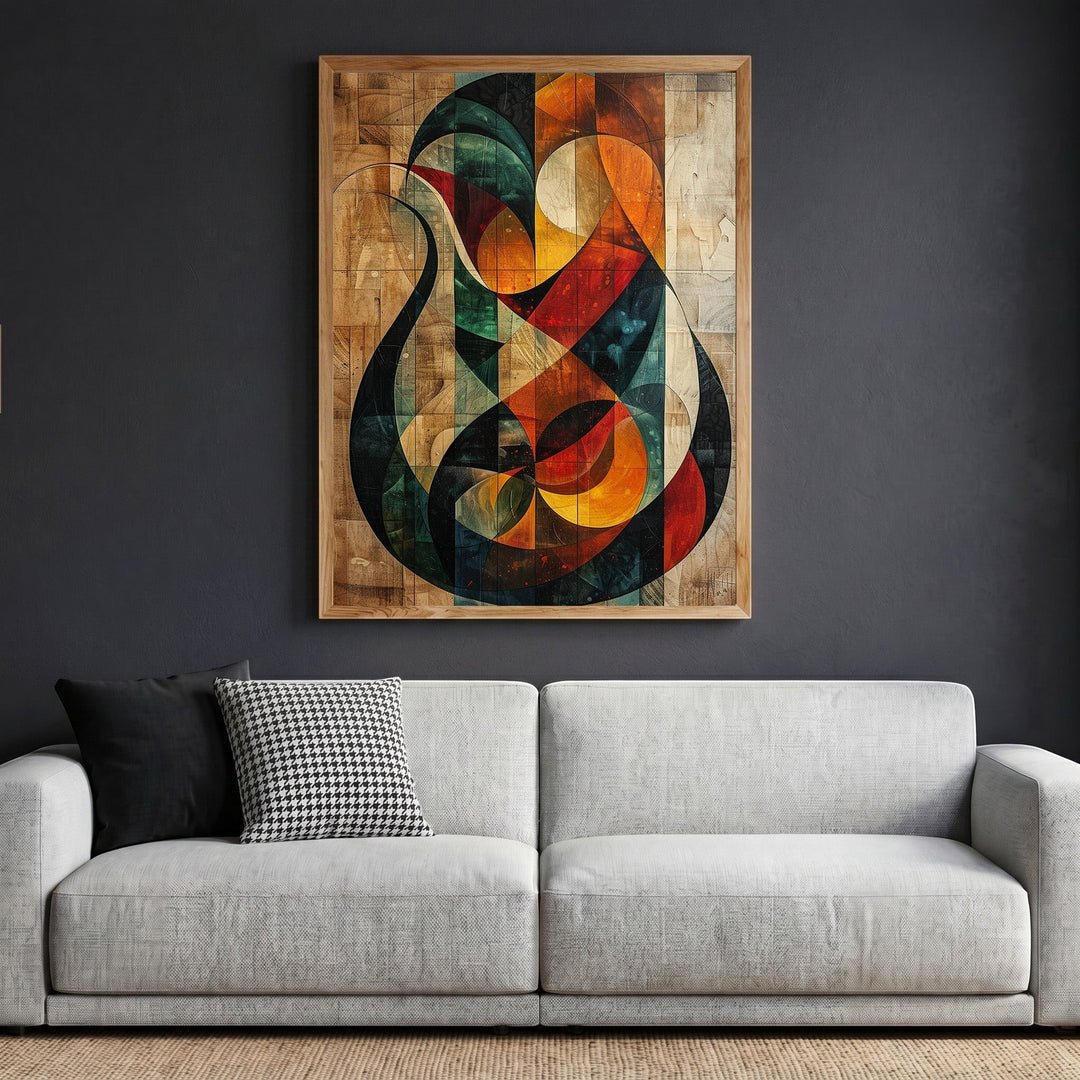 Wadi Home abstract geometric wood panel wall art with red, orange, and teal tones in a light wood frame above a sofa.
