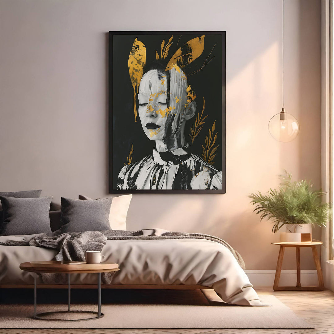 Wadi Home abstract monochrome portrait with gold leaf accents, serene face with eyes closed, textured style.