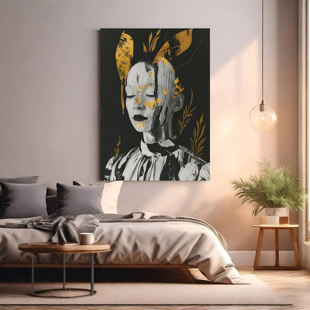 Wadi Home abstract monochrome portrait with gold leaf accents, serene face with eyes closed, textured style.