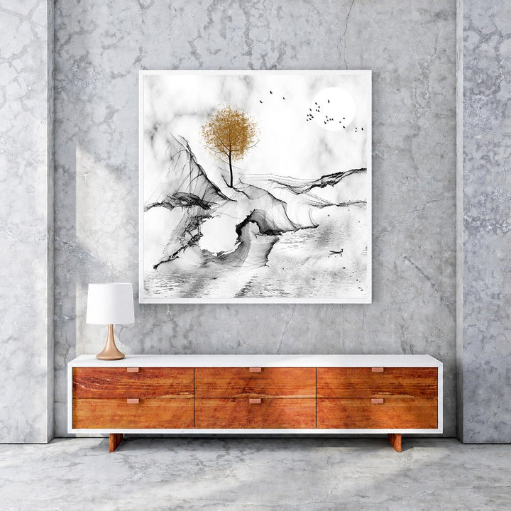 Wadi Home abstract landscape wall art with a golden tree, ink wash style, monochromatic palette, birds, and moon.