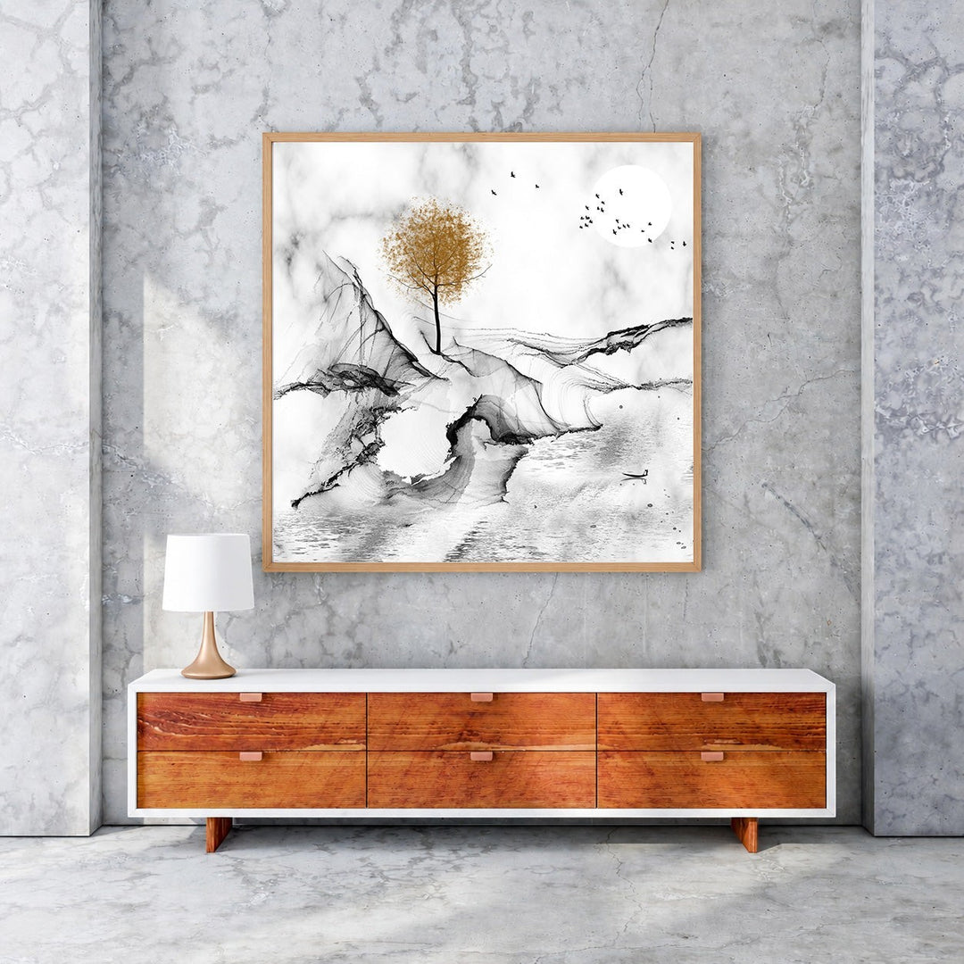Wadi Home abstract landscape wall art with a golden tree, ink wash style, monochromatic palette, and a moon.