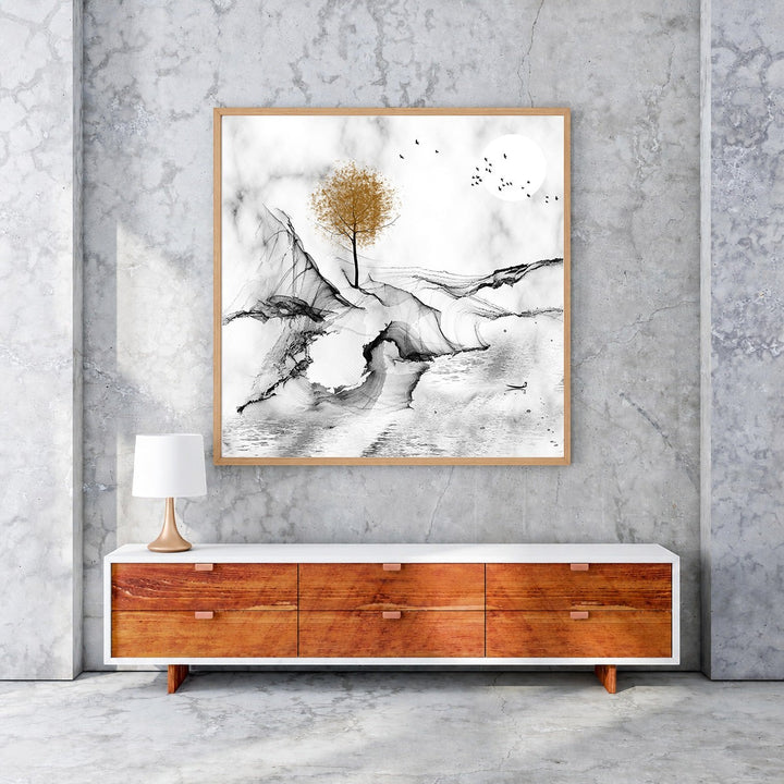 Wadi Home abstract landscape wall art with a golden tree, ink wash style, monochromatic palette, and a moon.