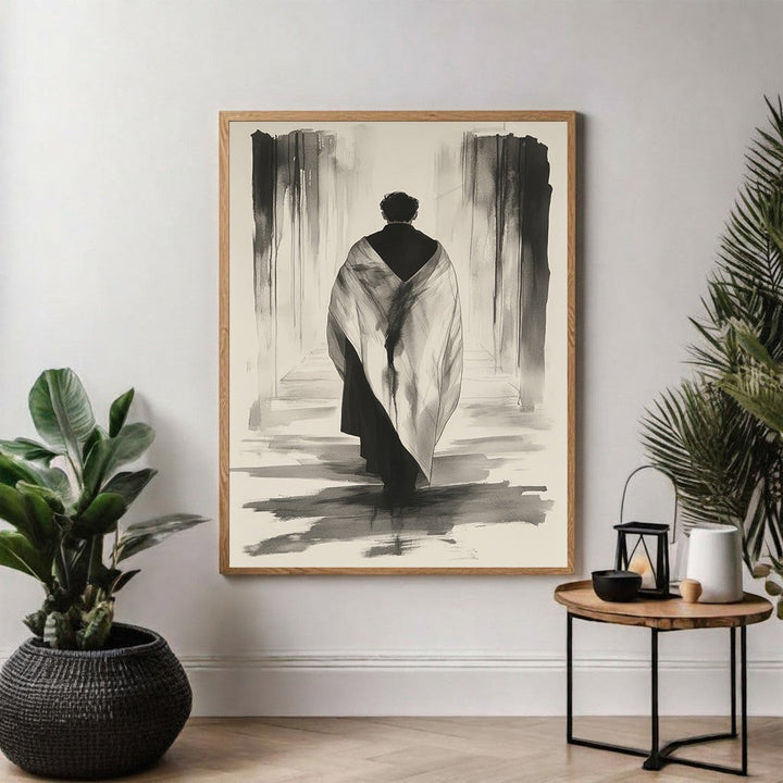 Wadi Home abstract wall art of a figure in a robe walking down a monochromatic hallway, expressive brushstrokes.