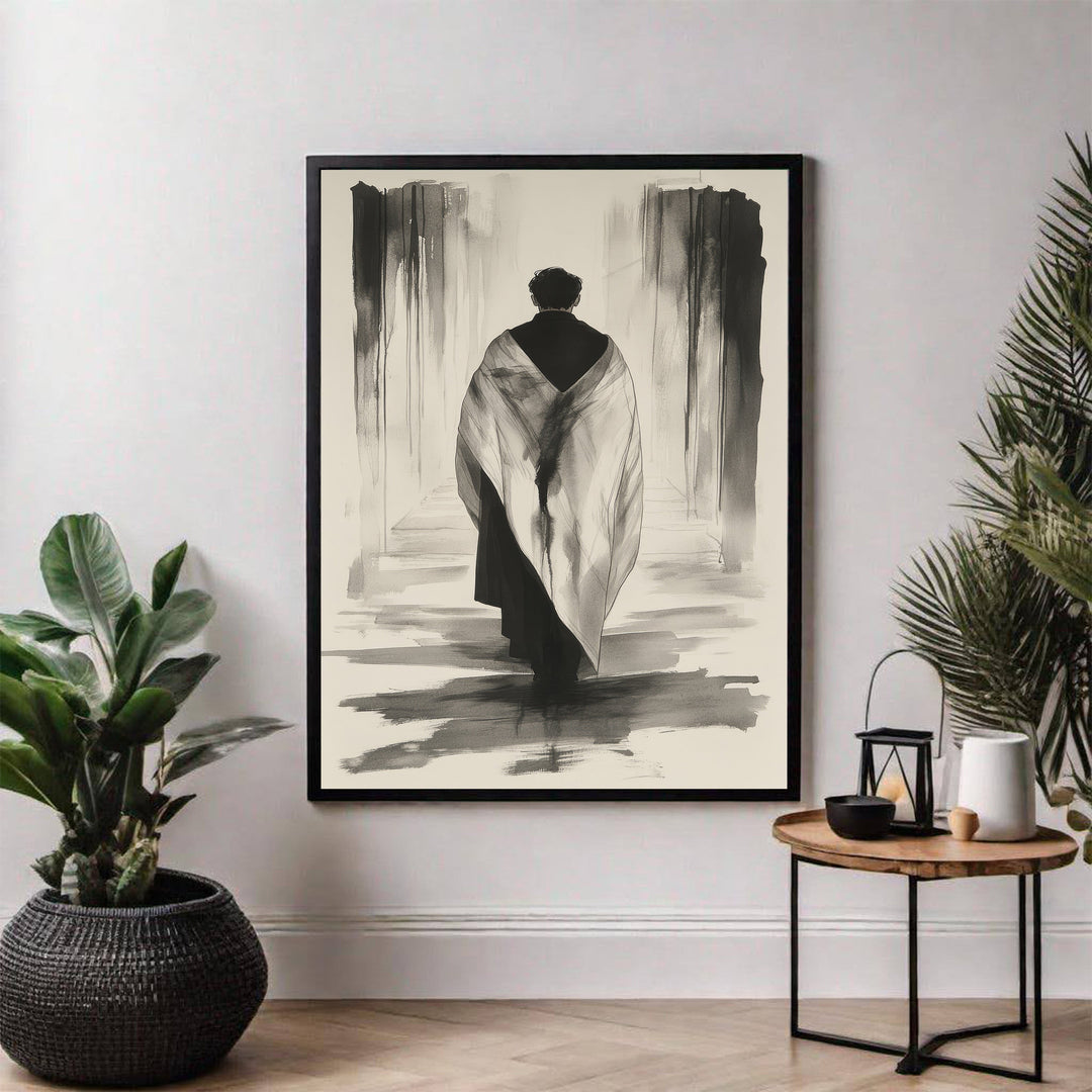 Wadi Home abstract wall art of a figure in a robe walking down a monochromatic hallway, expressive brushstrokes.