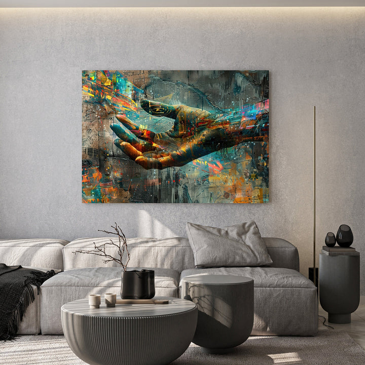 Wadi Home abstract hand canvas print with vibrant splashes of color displayed above a modern grey sofa in a living room