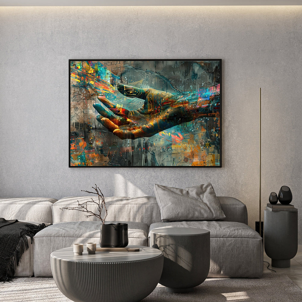 Wadi Home abstract hand canvas print with vibrant splashes of color hanging above a modern grey sofa in a living room.