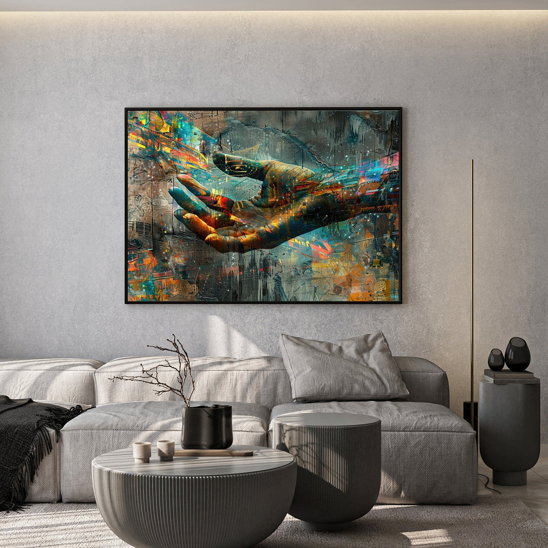 Wadi Home abstract hand canvas print with vibrant splashes of color hanging above a modern grey sofa in a living room.