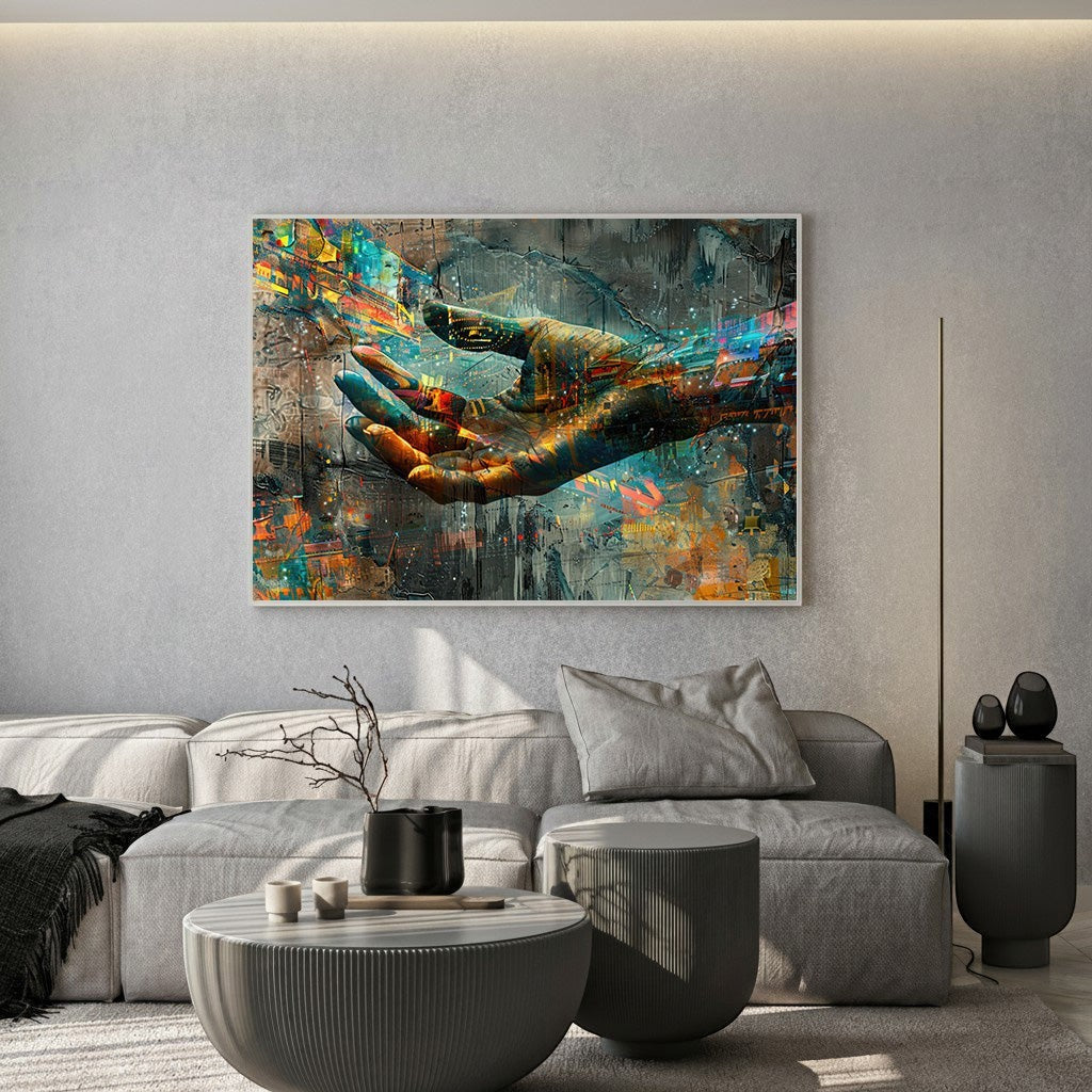 Wadi Home abstract hand canvas wall art with vibrant, multi-layered colors displayed above a modern grey sofa.