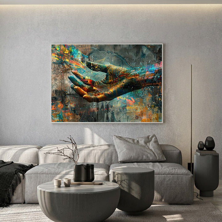 Wadi Home abstract hand canvas wall art with vibrant, multi-layered colors displayed above a modern grey sofa.