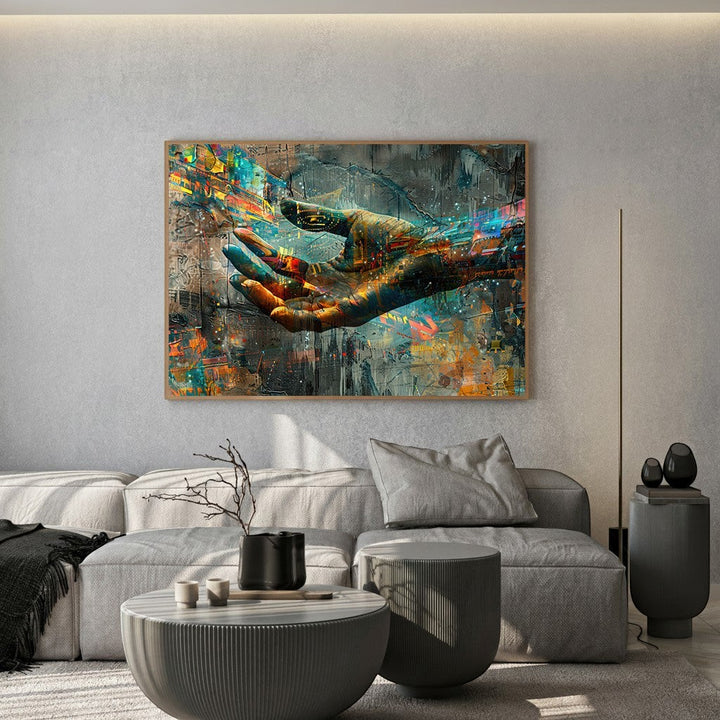Wadi Home abstract hand wall art canvas print with vibrant splashes of color displayed above a modern grey sofa.