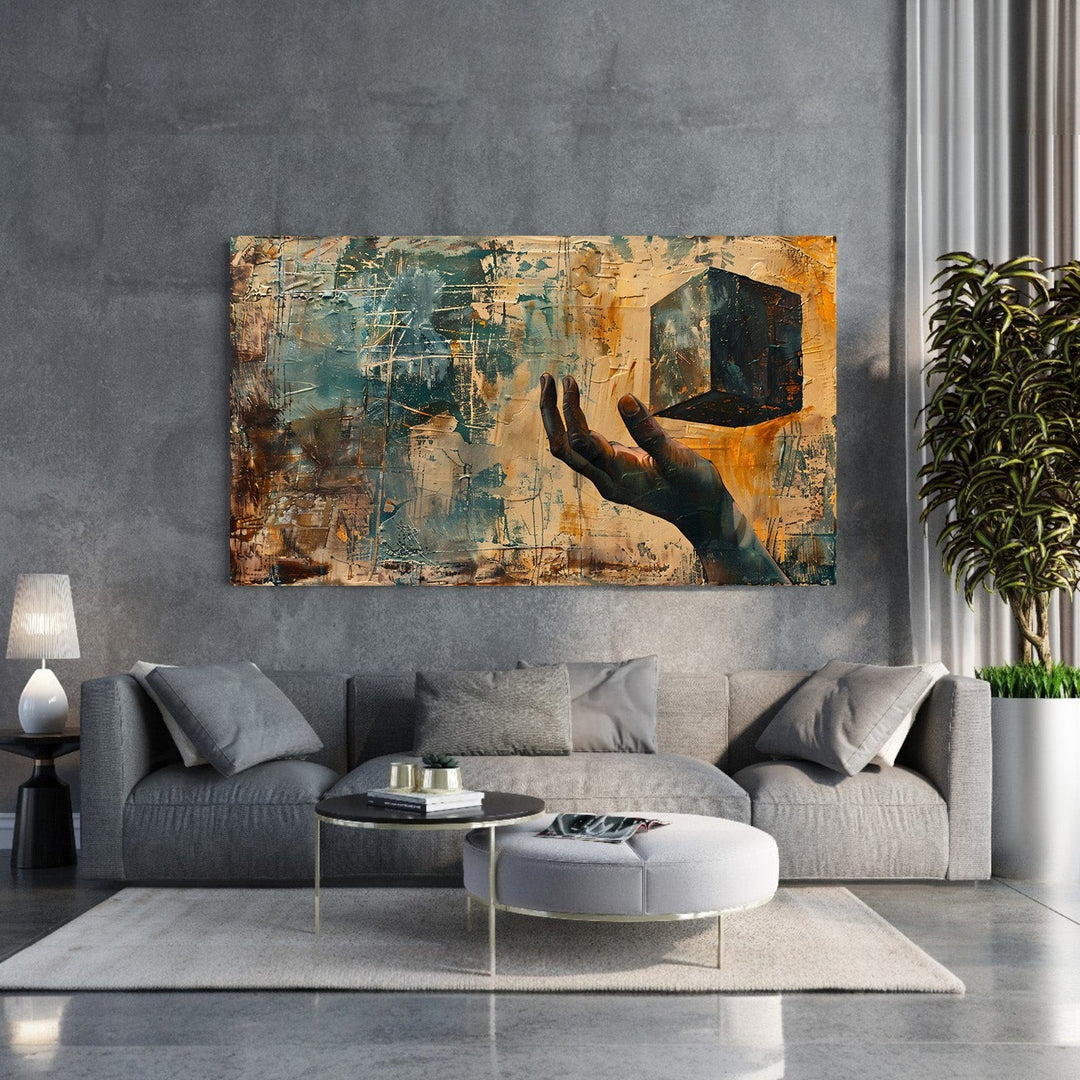 Wadi Home abstract wall art: hand holding cube with ochre, teal, brown textured background.