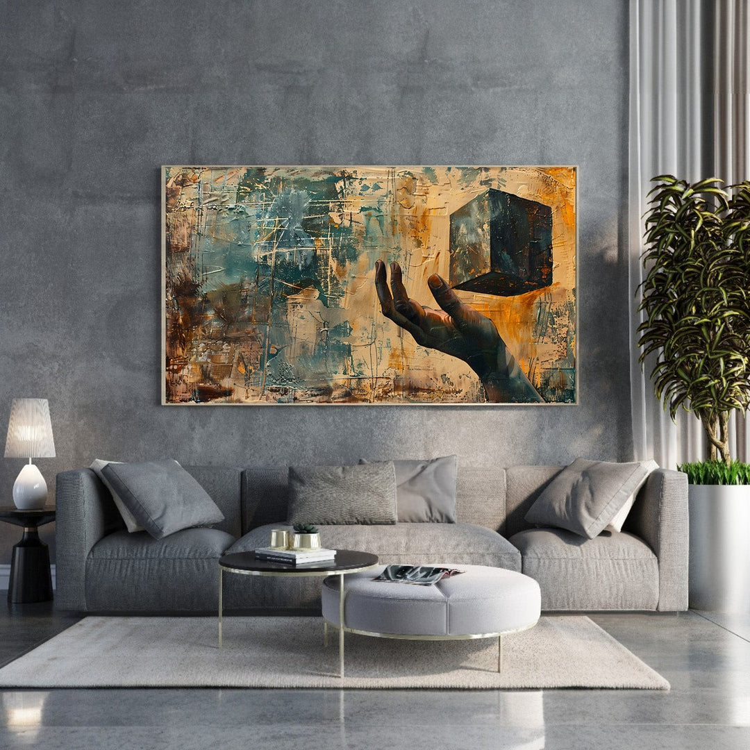 Wadi Home abstract wall art of a hand holding a dark cube, with ochre, teal, and brown textured background.