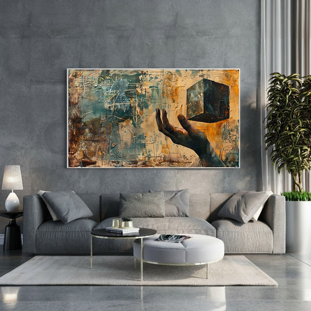 Wadi Home abstract wall art: hand holding a dark cube against textured ochre, teal, and brown background.
