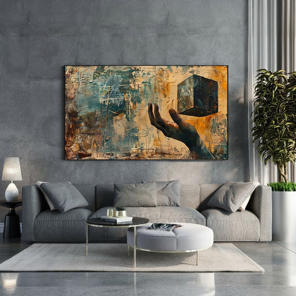 Wadi Home abstract wall art: hand holding a dark cube, textured ochre, teal, and brown background.