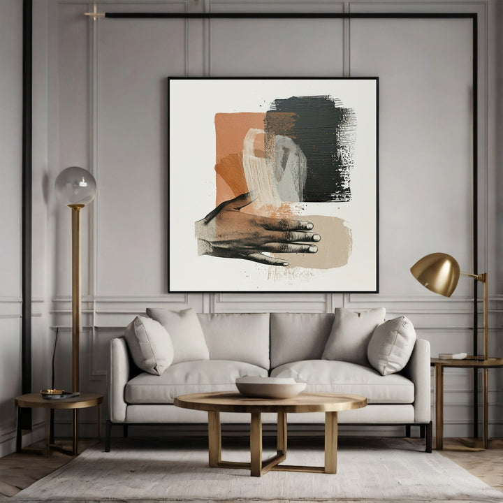 Wadi Home abstract hand illustration wall art with terracotta and charcoal brushstrokes in a modern living room.