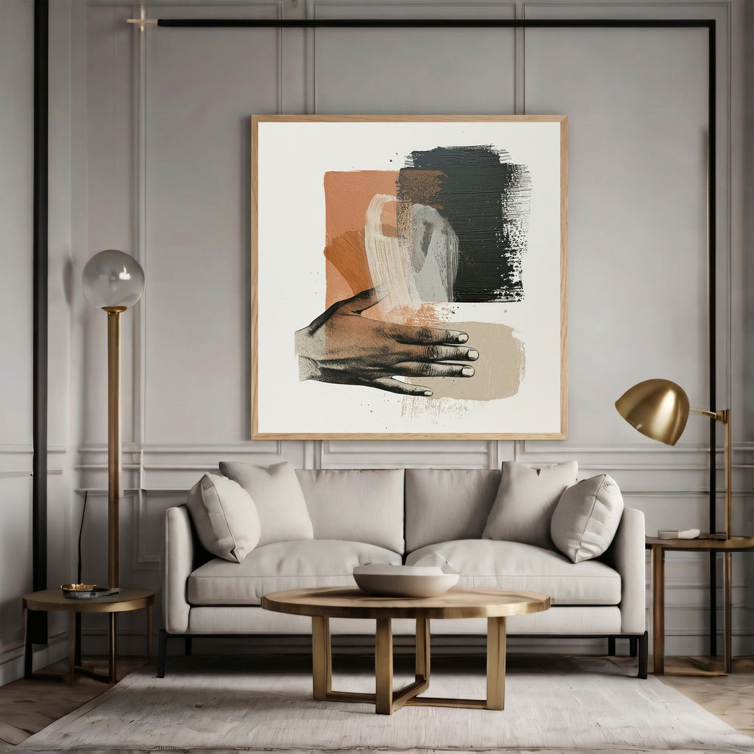 Wadi Home abstract hand illustration wall art with terracotta and charcoal brushstrokes in a light wood frame.