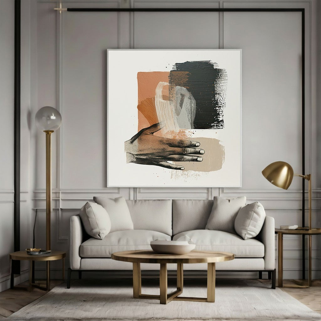 Wadi Home framed abstract hand illustration wall art with terracotta, charcoal, and cream brushstrokes in a living room