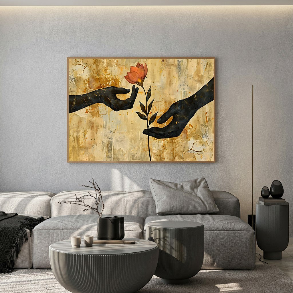 Wadi Home abstract wall art print featuring silhouetted hands reaching for a flower on a textured golden-beige background