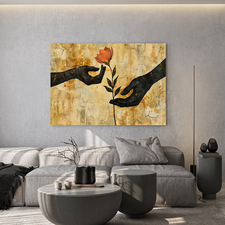 Wadi Home abstract wall art print featuring silhouetted hands reaching for a flower on a textured golden-beige background