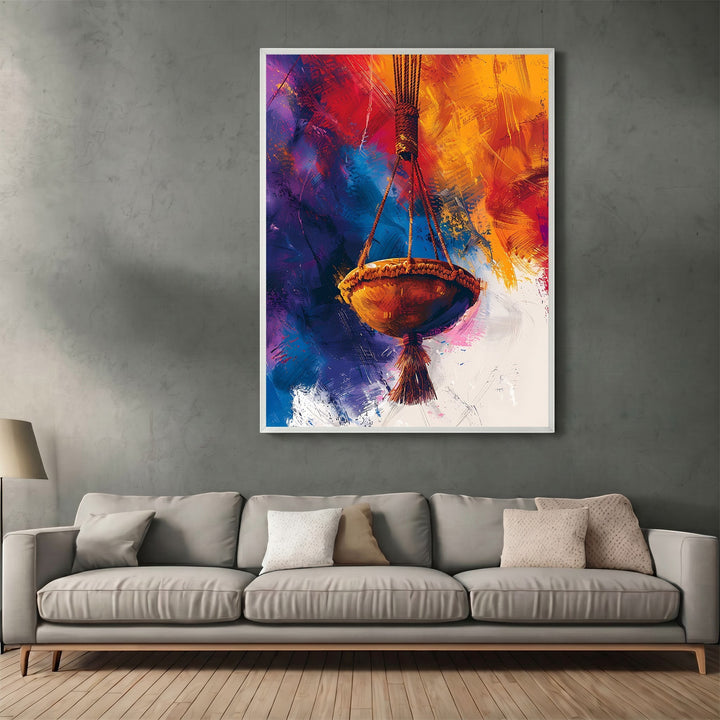 Wadi Home abstract hanging basket wall art print with orange, gold, purple, and blue brushstrokes in a modern living room