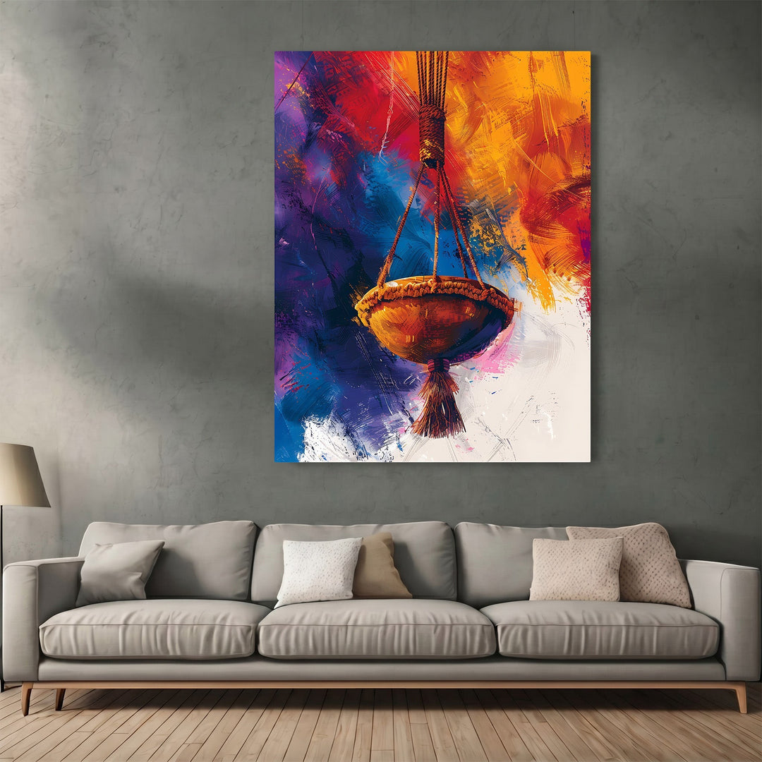 Wadi Home abstract hanging basket wall art print with vibrant orange, gold, purple, and blue brushstrokes above a sofa.