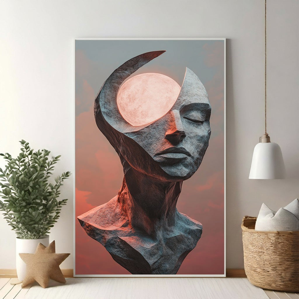 Wadi Home abstract stone head sculpture with closed eyes and a glowing celestial orb in place of the forehead.