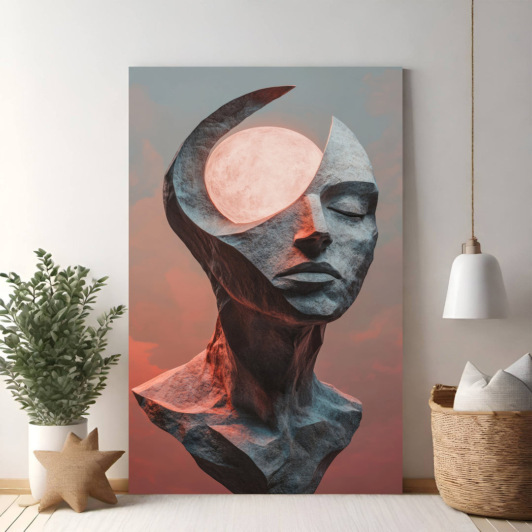 Wadi Home abstract stone sculpture of a head with closed eyes and a glowing celestial orb in place of the forehead.