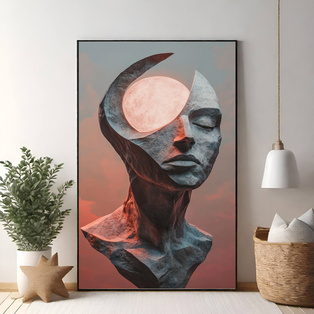 Wadi Home abstract stone sculpture of a head with closed eyes, featuring a glowing celestial orb within its fractured form.
