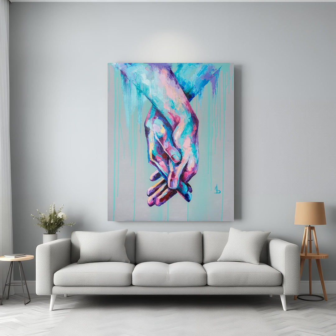 Wadi Home abstract canvas wall art featuring intertwined hands in vibrant blues, pinks, and purples with dripping paint effect.