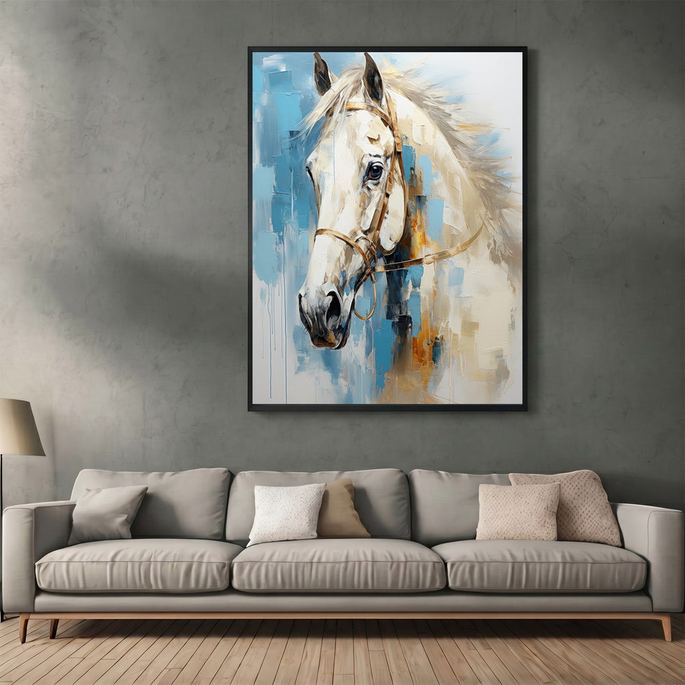 Wadi Home abstract horse portrait canvas print with cream and blue brushstrokes hanging above a modern grey sofa.